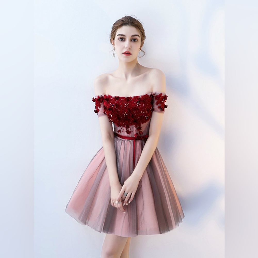 Off The Shoulder Lace Up Ombré Tulle Dress Pink/Black/Red S
